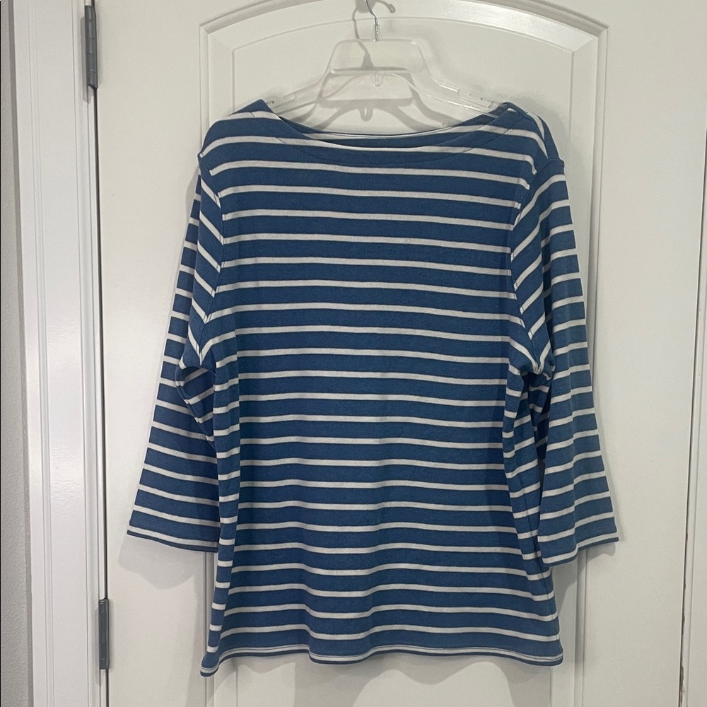 L.L. Bean Blue and White Striped 3/4 Sleeve Top